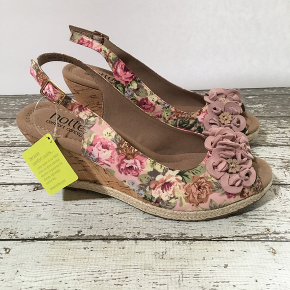 - Hotter ~ PINK FLORAL ~ CORK Wedge Heels~ Sz 6.5 - Picture 2 of 7